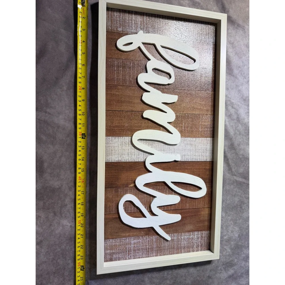Rustic Family Wood Wall Decor Farmhouse Sign Brown White Script 12x24 Frame